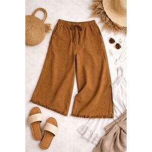 GiGIO Plus Tan Linen Blend Wide Leg‎ Crop Pants Drawstring Frayed Hem 1XL